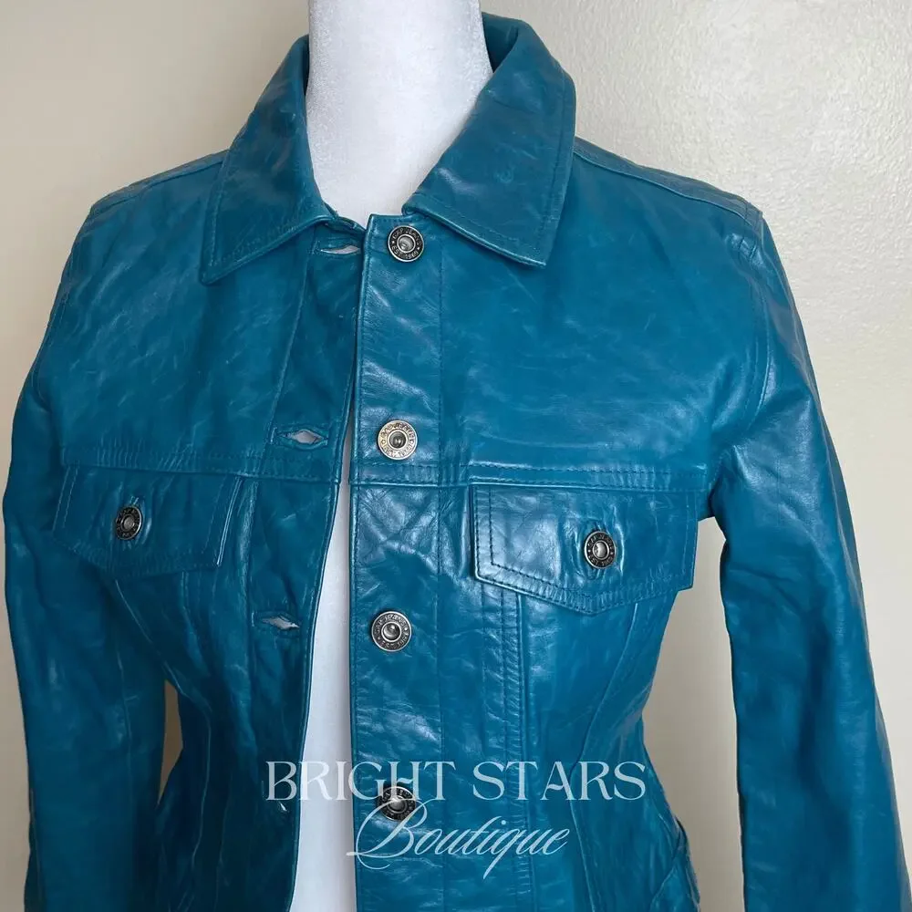 Rare Blue Teal Leather Jacket ASO Dawn Summers Buffy The Vampire Slayer Y2K